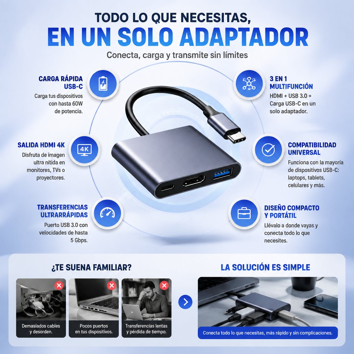 Adaptador MacBook USB-C 3 en 1 multifunción